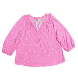 Crown & Ivy Pink Peasant Boho Floral Blouse Size L Shirt Cottage Rayon Flowy EUC